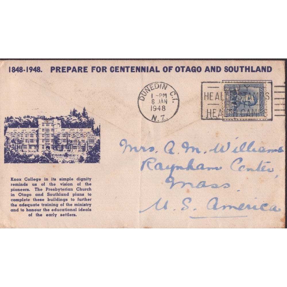 1948 New Zealand Otago Southland Centennial Cover Knox College Dunedin Postmark - Picture 1 of 2